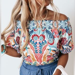 Flying Tomato Floral Bird Blouse L Multicolor Off Shoulder Boho Smocked Bold Top